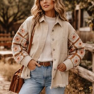 NWT Bibi Cream Crochet Sleeve Shacket Modern Vintage Cozy Statement Medium